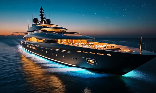 Luxurious yacht sailing through calm waters at sunset, with illuminated decks and a serene backdrop