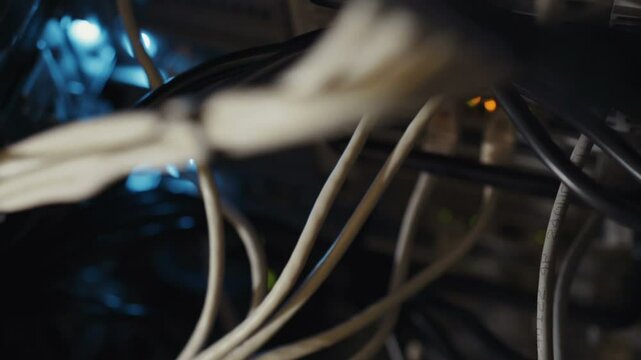 Techical engineer administrator electronic concept: moving down shot of server equipment personal computer localhost mining farm bitcoin, optic cables switches lights ports electronic elements