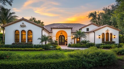 Naklejka premium A Mediterranean-style home with smooth white stucco walls and a warm clay tile roof