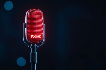 Mikrofon leuchtet rot und zeigt Podcast-Logo im dunklen Studio

