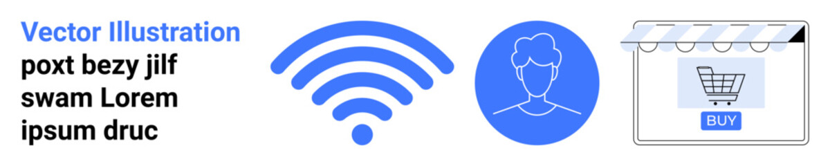 wireless signal, user profile icon, and shopping cart under storefront awning highlight digital connectivity, online profiles, and e-commerce. Ideal for technology, retail, communication, networking