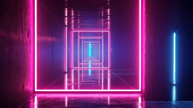 Futuristic neon tunnel with symmetrical reflections and dynamic lighting effects