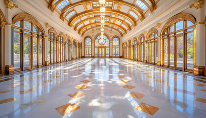 Fototapeta premium Grand, opulent conservatory with gold accents and large windows