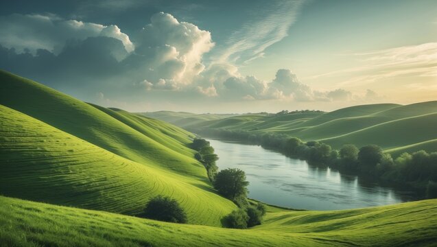 Rural summer scene featuring rolling green hills and a peaceful river in the background. Beautiful clouds drift above the countryside in the sky.