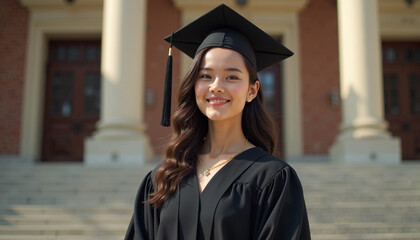 Smiling graduate in cap and gown standing on university steps