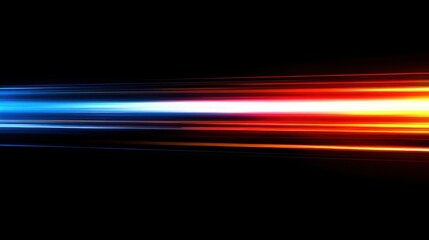 Abstract background, glowing long exposure and speed effect. orange, white, red and blue neon lights on a black background, simple lines.