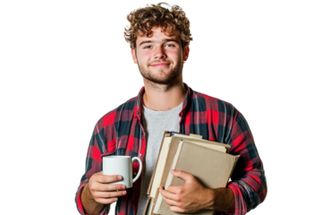 Portrait of a handsome college student holding study books and a mug, isolated on white background