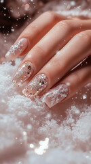 Fototapeta premium Elegant winter-themed nail art close-up with snowflake and glitter designs on a model's hand