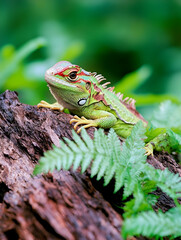Fototapeta premium Green iguana resting on a log
