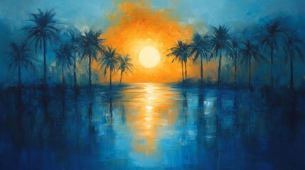 Obraz premium Serene Sunset Landscape with Silhouetted Palm Trees