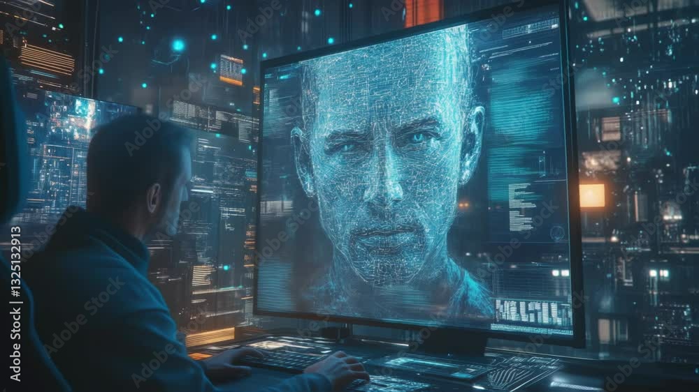 Poster experienced software engineer analyzing digital human face on computer screen in modern technologica