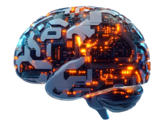 Futuristic electronic brain with glowing circuits, isolated on transparent cutout background