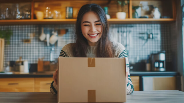 Happy woman receiving a delivery box in a cozy kitchen setting