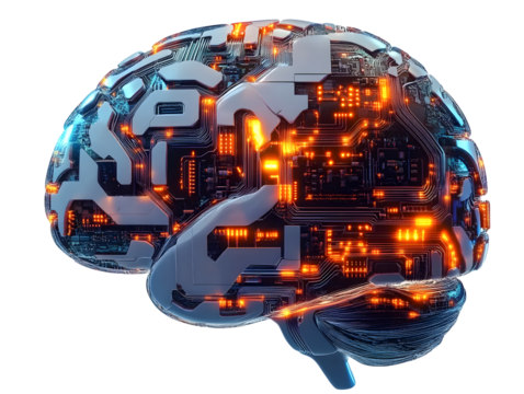 Futuristic electronic brain with glowing circuits, isolated on transparent cutout background