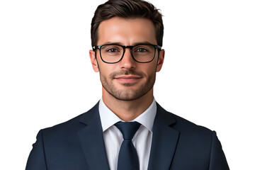 Portrait of a professional businessman in suit wearing glasses, isolated on transparent background