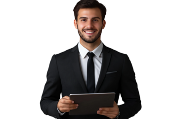 Portrait of a professional, young handsome businessman holding a tablet, isolated on transparent background