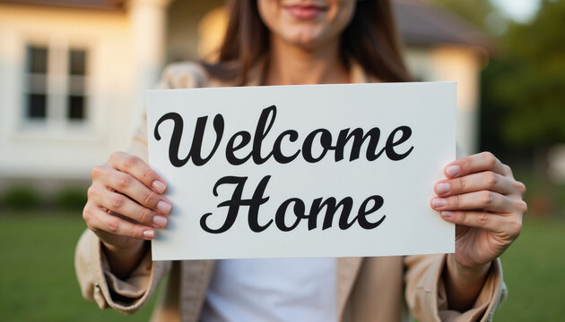 Smiling woman holding "Welcome Home" sign in garden