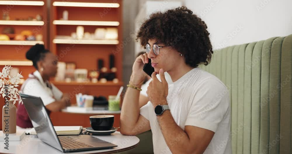 Aufkleber phone call, consulting and man with smartphone, cafe and asking for feedback, web designer and lapto