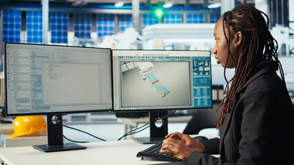Programmer in photovoltaics factory using PC to update software of robot arms placing solar panels...
