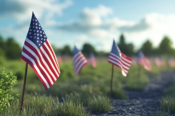 Memorial day flags adorning a serene field in remembrance of fallen heroes