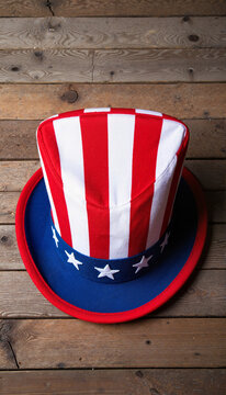 Vibrant Uncle Sam hat on rustic wooden table, Americana decor
