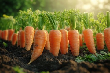 Carrots growing in soil under soft sunlight in a tranquil garden setting