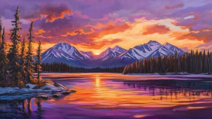 Obraz premium Vibrant Sunset Over Snowy Mountains and Tranquil Lake