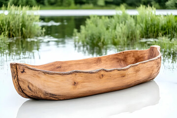 Hand-carved wooden boat-shaped bowl by a lake