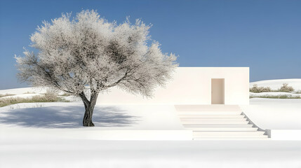 Fototapeta premium Minimalist White House 3D Illustration: Tranquil Winter Scene