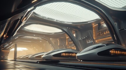 Fototapeta premium Futuristic transit system showcases sleek transport vehicles in a station