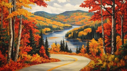 Obraz premium Autumnal River Landscape with Winding Road