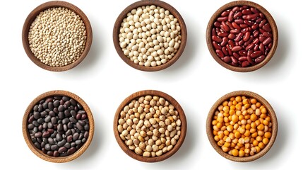 Fototapeta premium Set of natural food high in protein on white