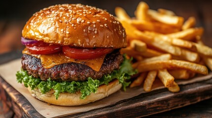 fresh and tasty American homemade hamburger with vegetable and cheese ready to eat.	
