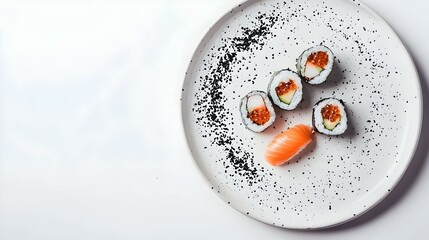 Plate with tasty sushi on white background