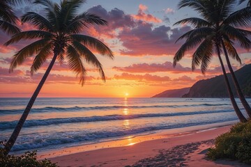 Fototapeta premium Serene Beach Sunset Backdrop for Ultimate Summer Getaway Experience