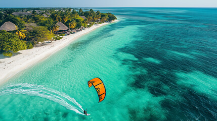Obraz premium Exciting kitesurfing adventure on a pristine beach with clear turquoise waters and palm trees