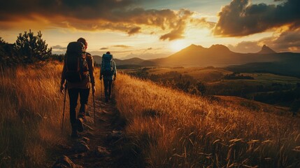 Couple of Young Happy Travelers Hiking with Backpacks on the Rocky Trail at the Evening.