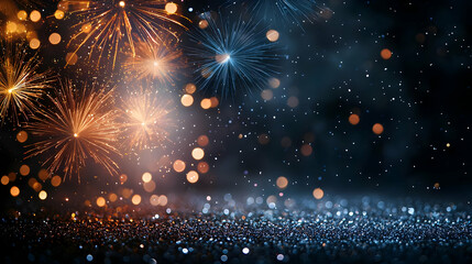 Obraz premium Dynamic fireworks display against a dark night sky with shimmering bokeh and glitter foreground creating a celebratory and festive atmosphere of gold