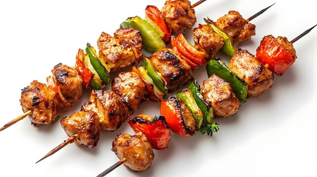 Meat of chicken kebab or kabob on white