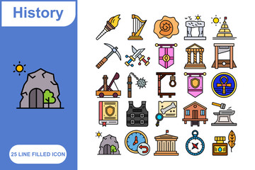 History Flat Icon Set, Collection of 25 History Flat Icon Set – 25 Historical, Ancient, and Timeline Icons