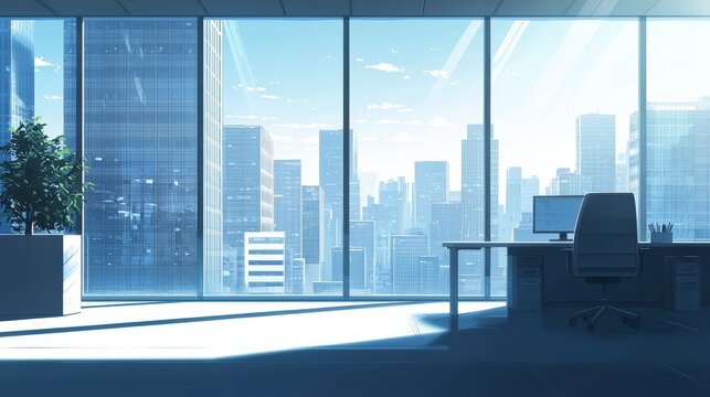 Sleek office with city skyline view, desk, and sunlight