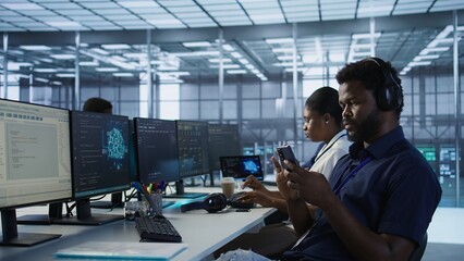 Admin in server room using mobile phone, relaxing after ensuring minimal downtime. Data center IT expert texting on smartphone, taking break from monitoring performance, camera A