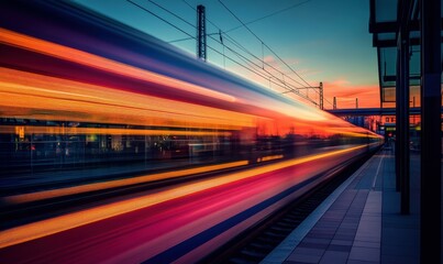 High-Speed Train Passing Through Station at Sunset with Motion Blur Effect