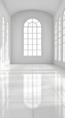 Bright White Room 3D Render-Arch Windows