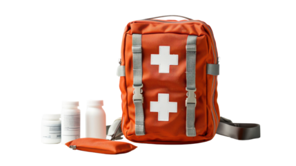 Orange first aid kit backpack with medications on transparent background