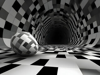 Naklejka premium Abstract 3D Checkered Tunnel with Sphere