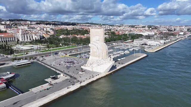 Discoveries Monument At Lisbon In District Of Lisbon Portugal. Iconic Monument. Tourism Landmark. Discoveries Monument At Lisbon In Portugal. Discovery Symbol. Tejo River Landscape. Lisbon Skyline.