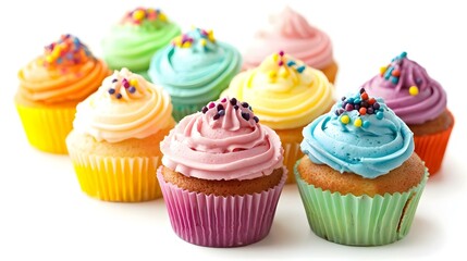 Assorted colorful cakes on white background