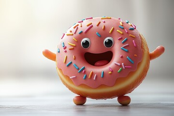 A happy donut character with rainbow sprinkles and pink frosting, wide eyes, and flexible arms and legs. The character stands out on a white background. 3D, cartoon