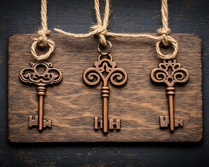 Decorative antique keys hanging on wooden board